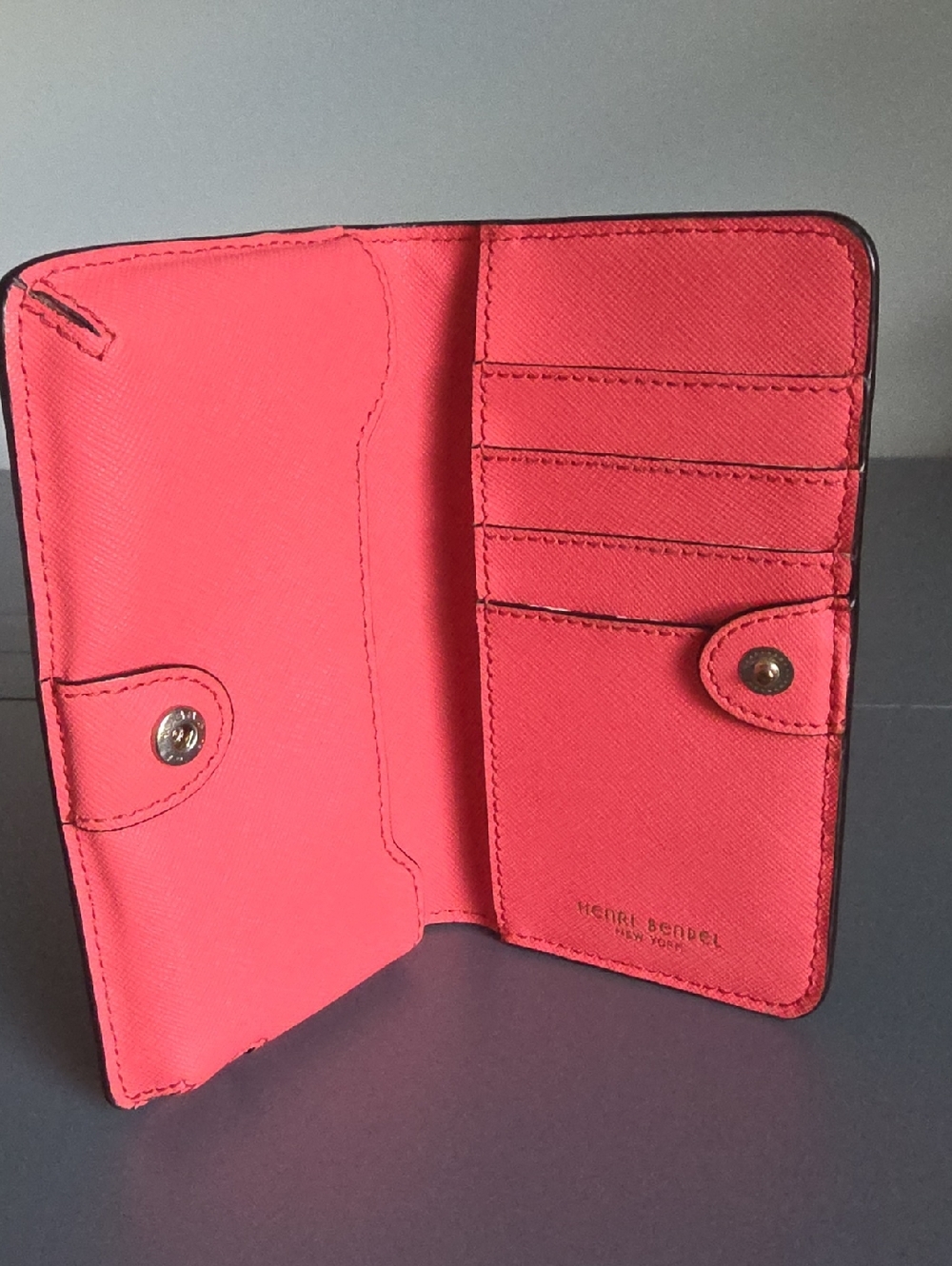 HENRI BENDEL Bright Coral With Floral Apllique Bifold Wallet - Picture 10 of 12